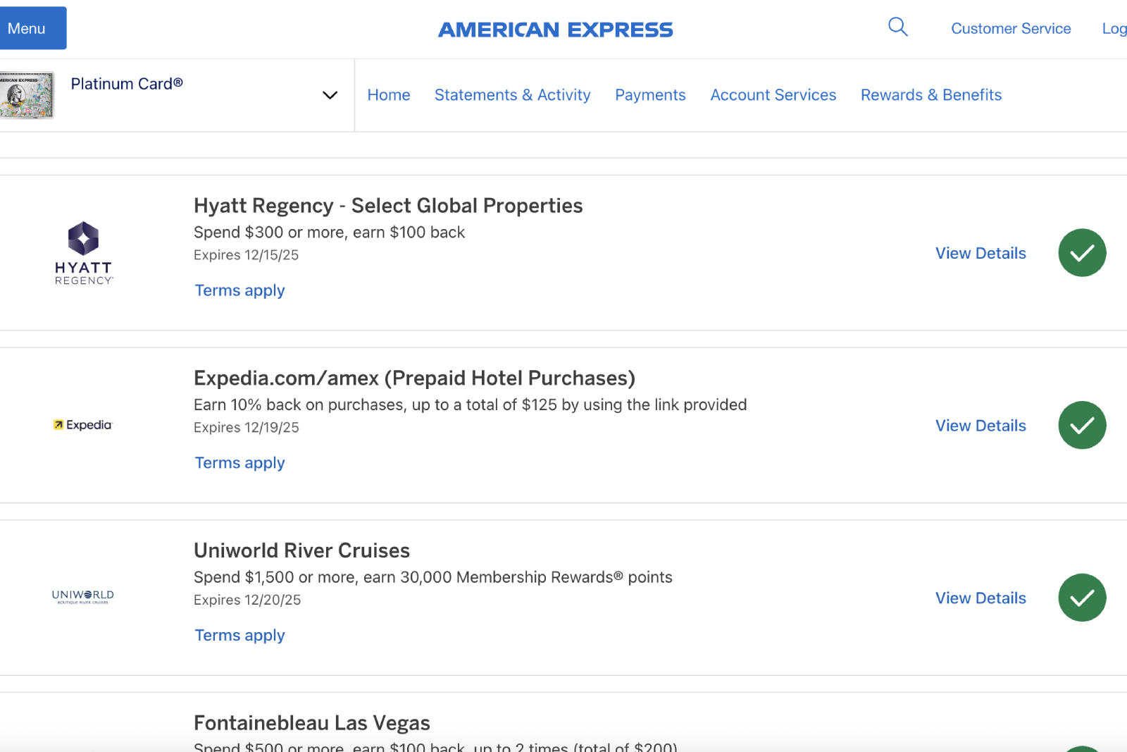 screenshot of American Express offers. 